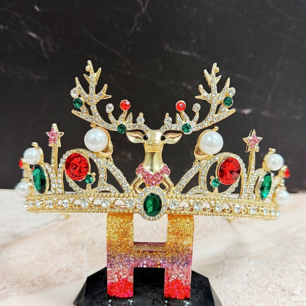 Festive Holiday Crown, Christmas Headband, Gold Tiara Crown, Reindeer headpiece